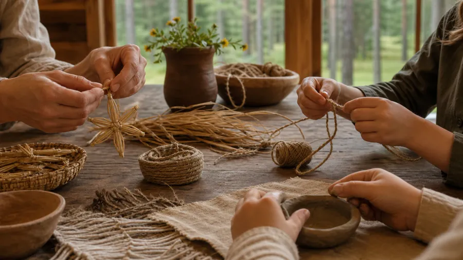 Children and adults making straw, hemp and clay crafts together in a forest workshop