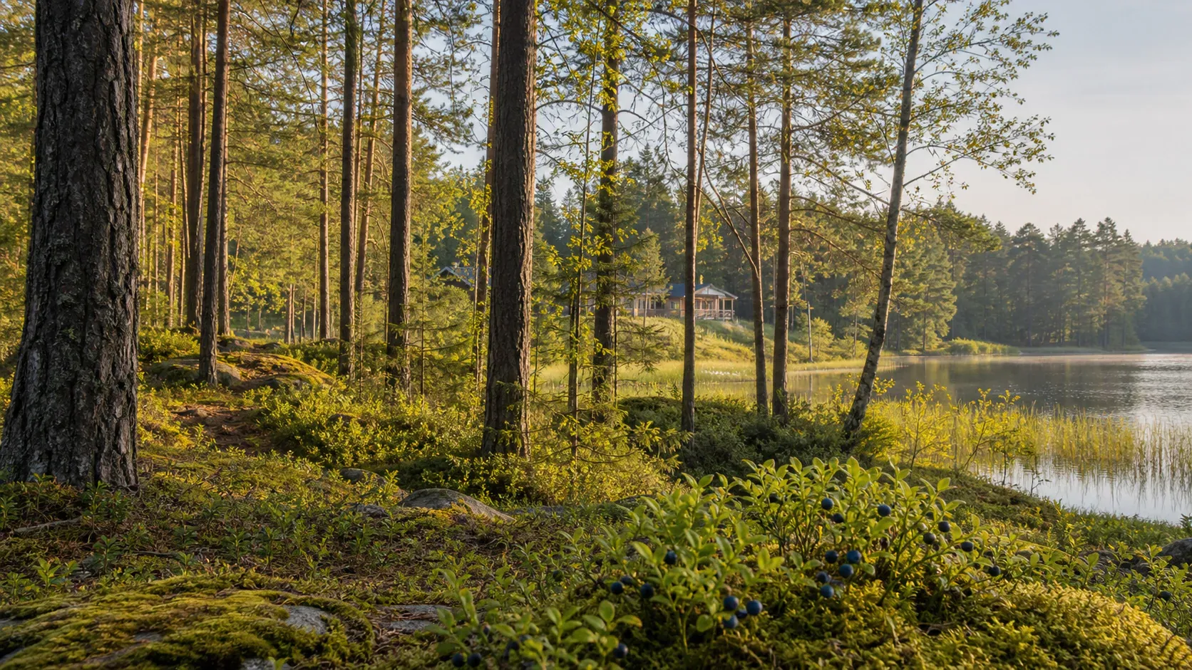 Pine forest and lake landscape in Labanoras Forest, Lithuania
