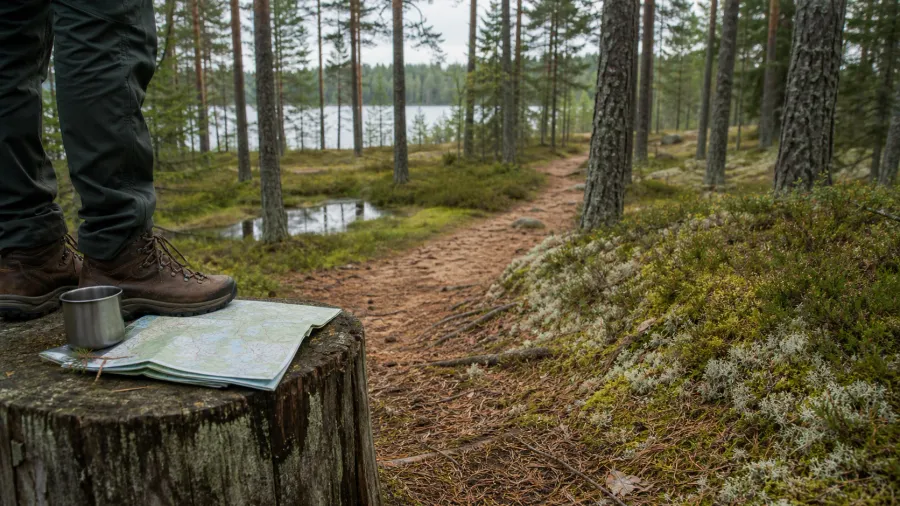 Hiking boots, map and pine forest trail in Labanoras Forest