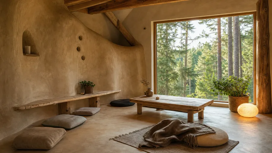 Natural clay and wood retreat interior with a large window looking into pine forest