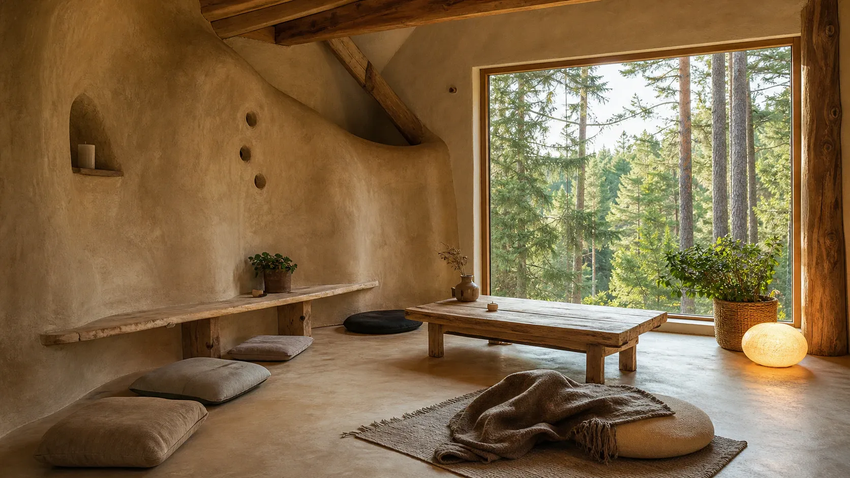 Natural clay and wood retreat interior with a large window looking into pine forest