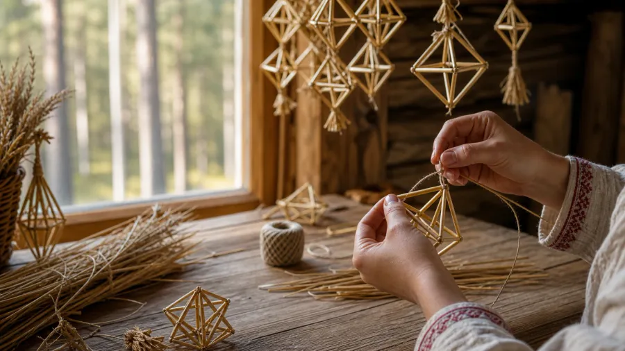 Hands tying a Lithuanian straw garden ornament in warm natural light