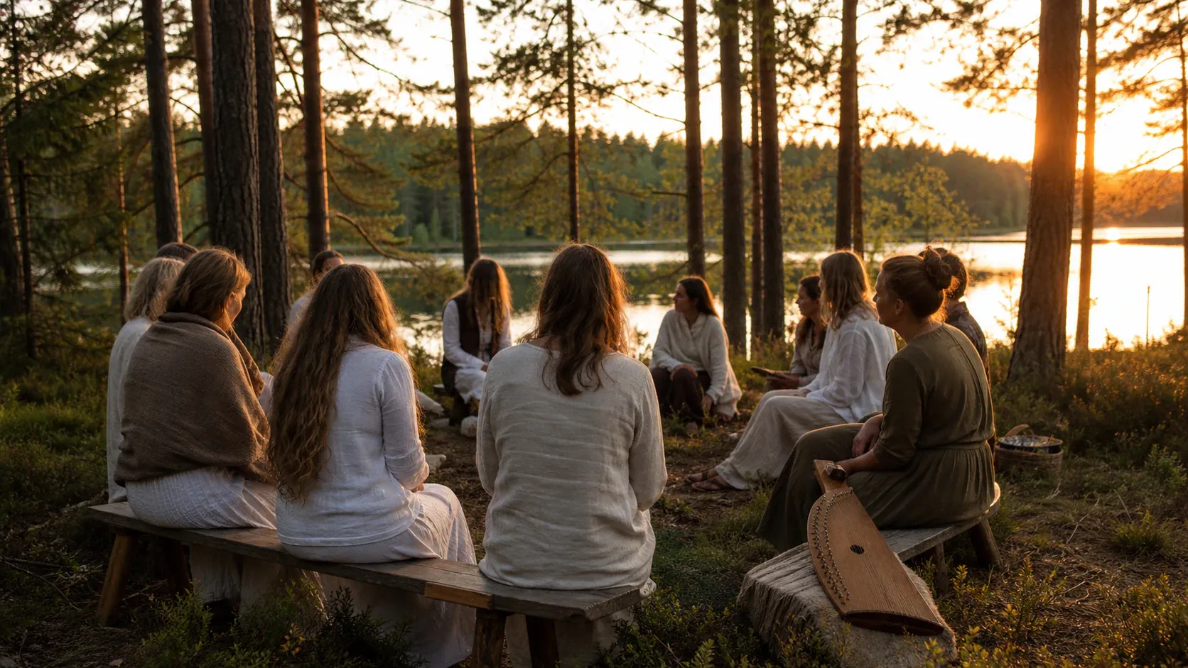 Small group singing sutartinės in a Lithuanian forest clearing at sunset